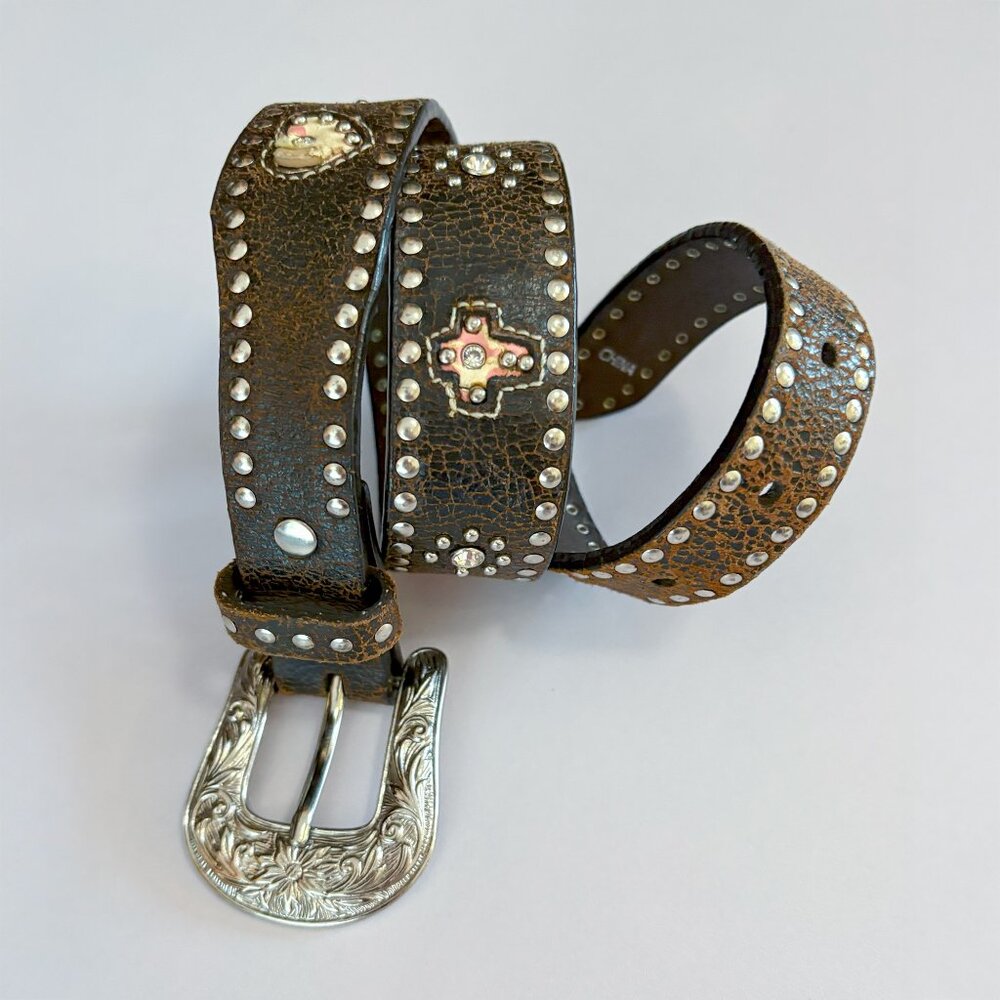 Nocona Girls Leather Western Belt Studded Rhinestone Hearts Cross Studs Brawn 22